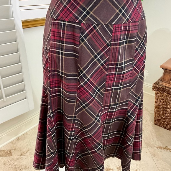 EUC KENAR Burgundy Plaid Panel Skirt with Flared Bottom Size 12 - Picture 2 of 6